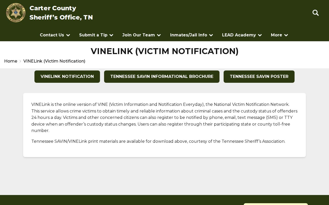 Carter County official VINE arrest and custody notification page