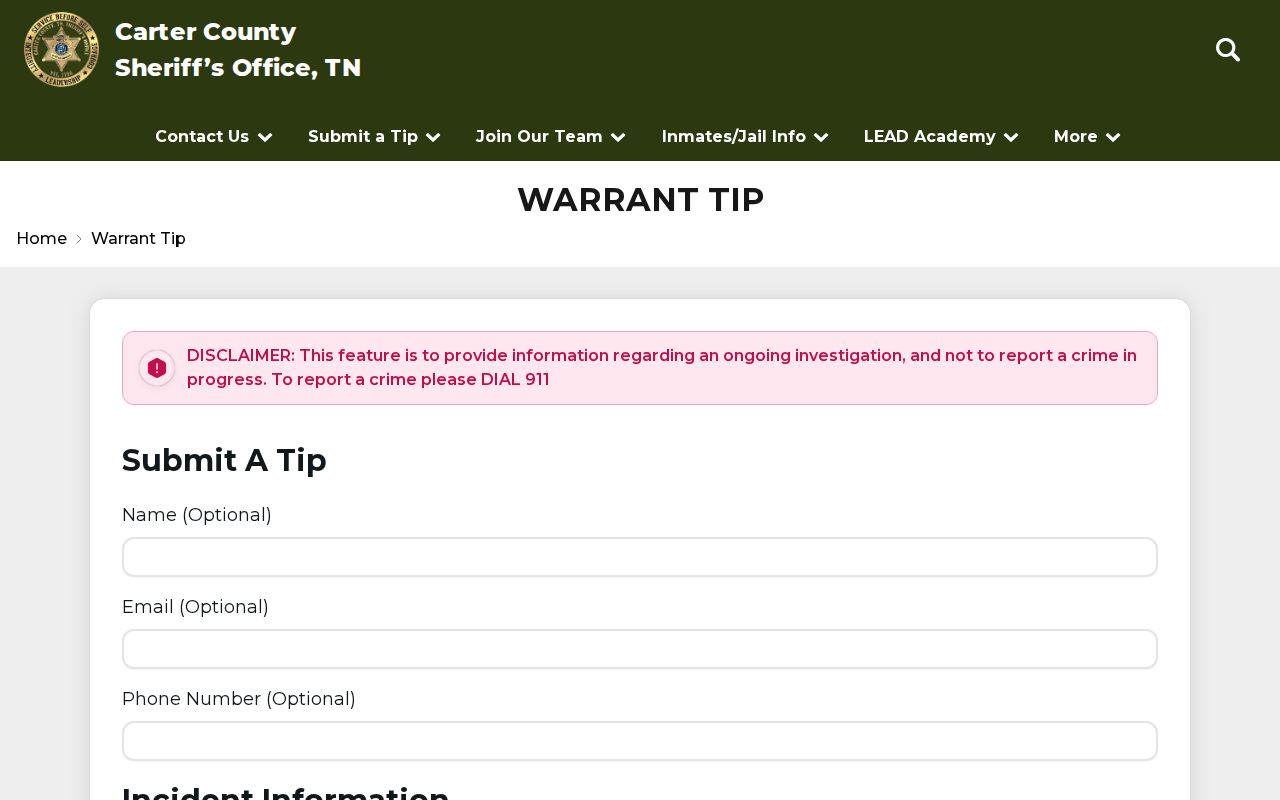 Carter County Sheriff warrant tip route