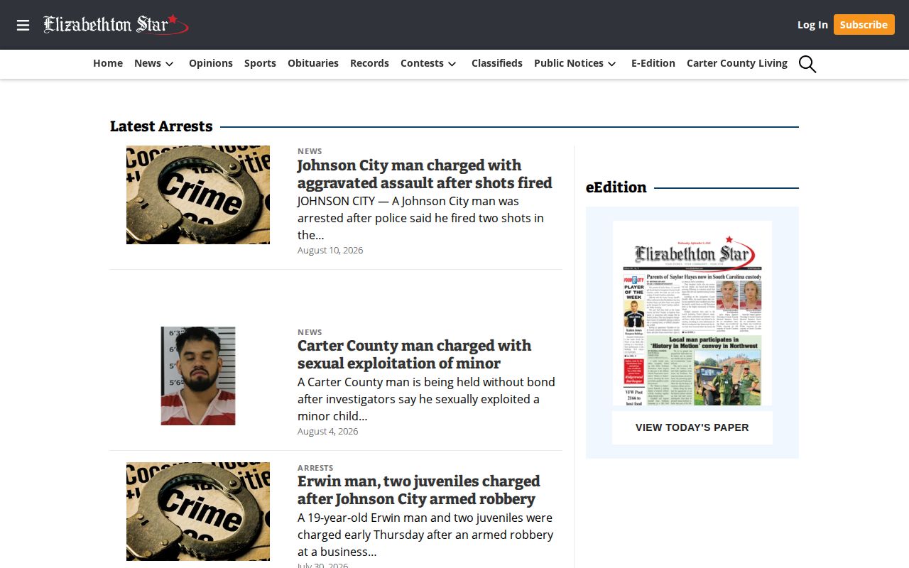 Elizabethton local news section covering recent arrests